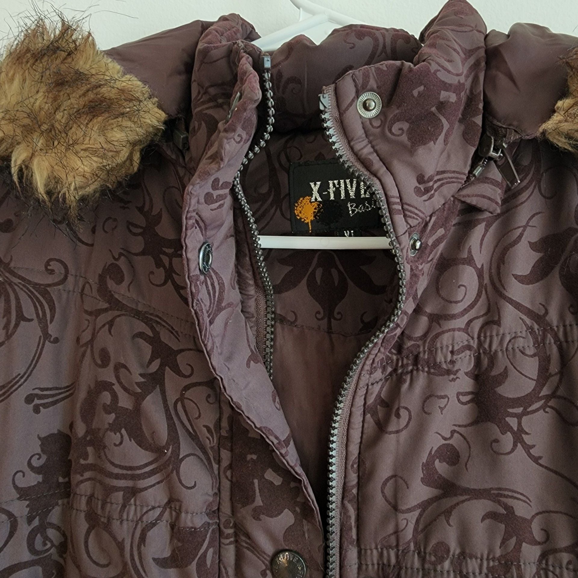 X-Five Basic Puffer Jacket XL Brown Paisley Faux Fur Hood Winter 8