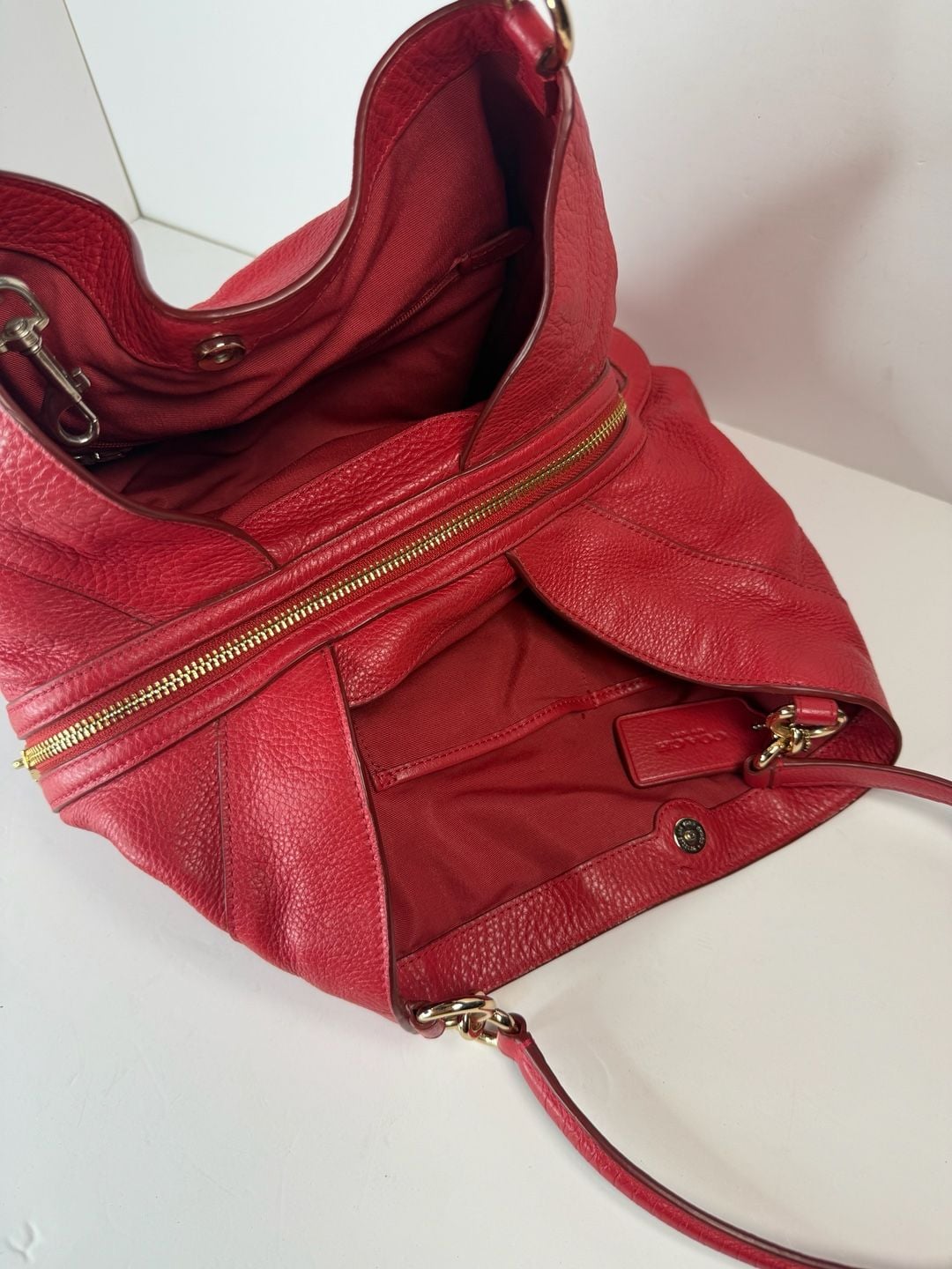 Coach Pebbled Leather Red Shoulder Bag Handbag 7