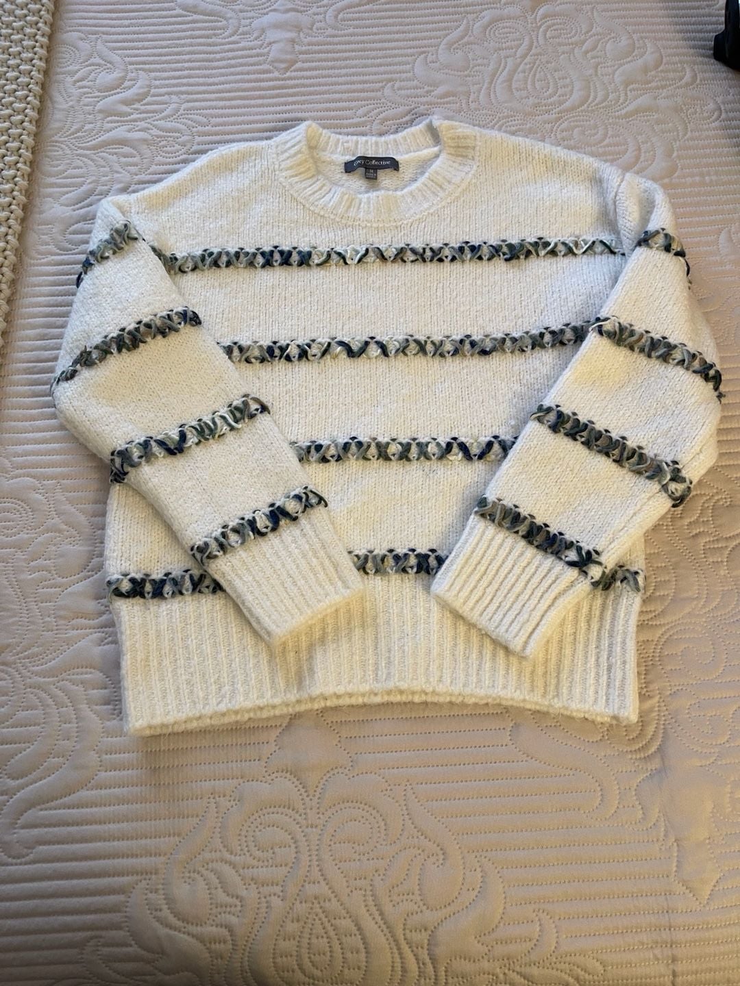 Boho Chic Ivory Sweater with woven stripes Size M 2