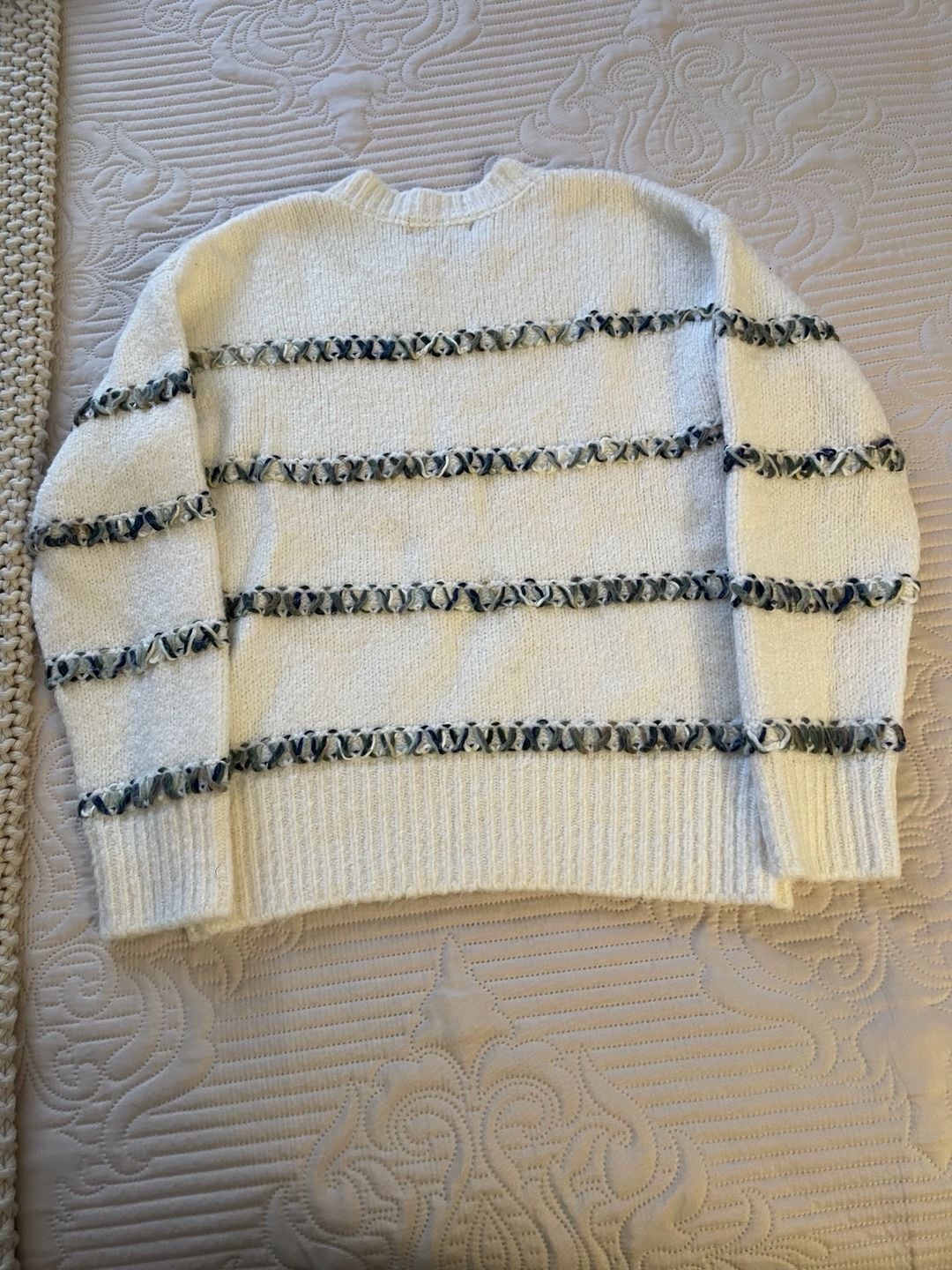 Boho Chic Ivory Sweater with woven stripes Size M 3