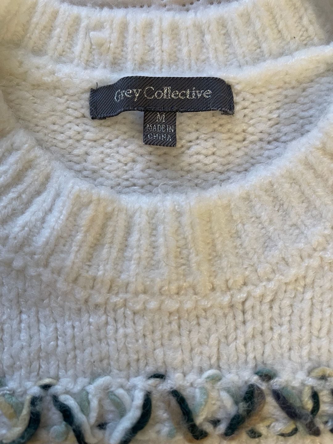 Boho Chic Ivory Sweater with woven stripes Size M 5
