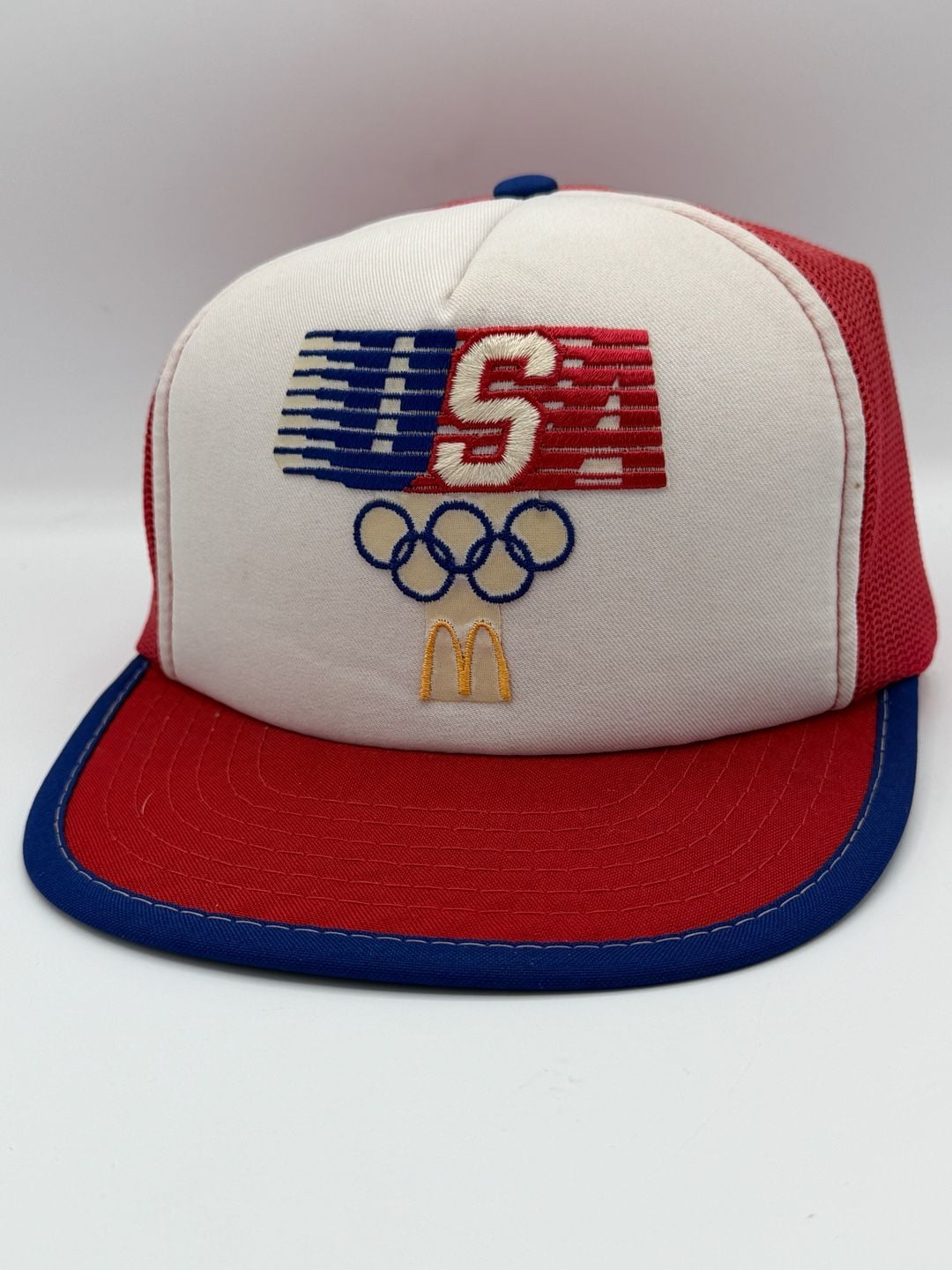 Vintage 1984 McDonalds USA Olympics Trucker Hat Snapback Red White Blue 2