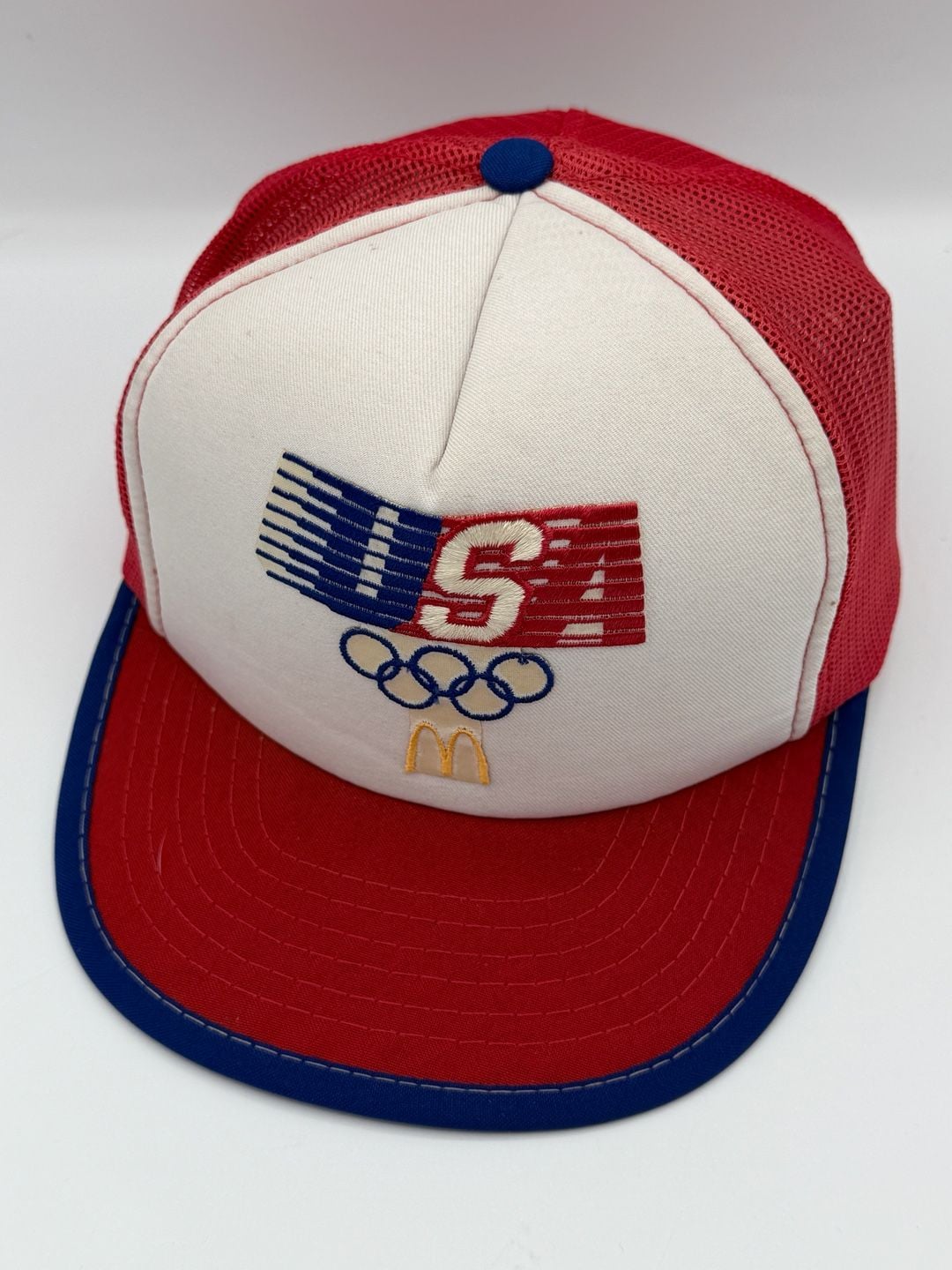Vintage 1984 McDonalds USA Olympics Trucker Hat Snapback Red White Blue 3