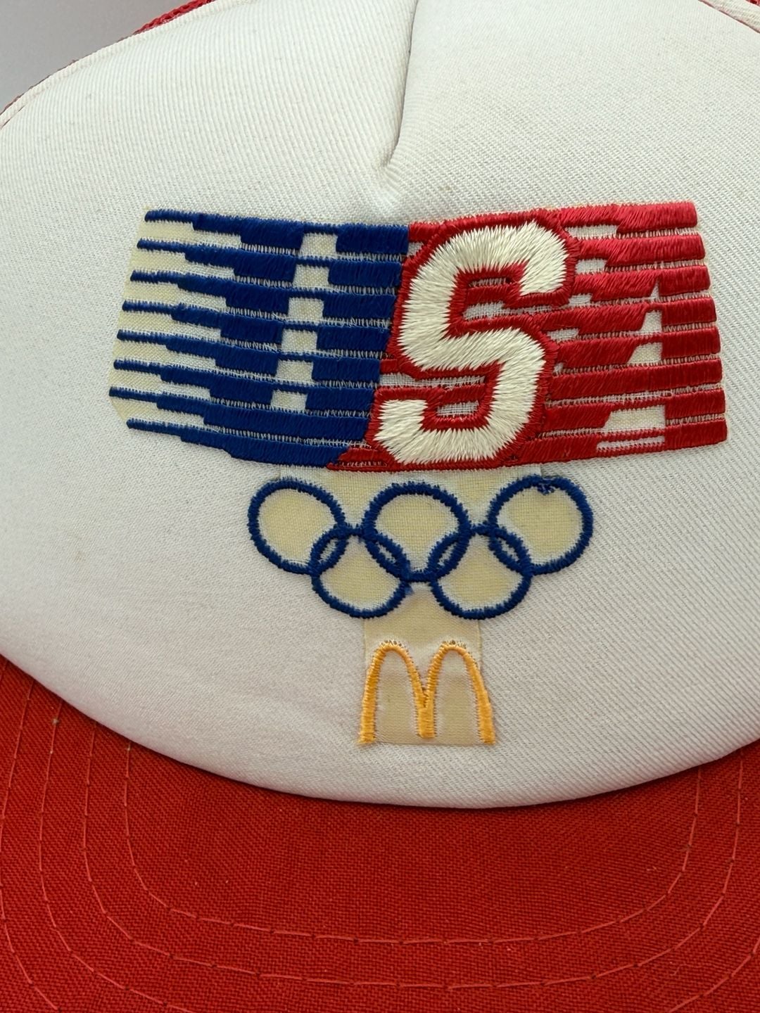 Vintage 1984 McDonalds USA Olympics Trucker Hat Snapback Red White Blue 4