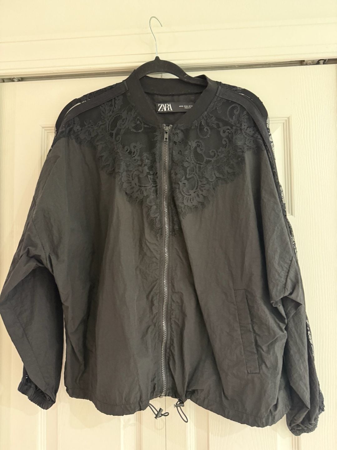 Zara Bomber Jacket Size XL Black Contrast Lace Trim Zip Up 3