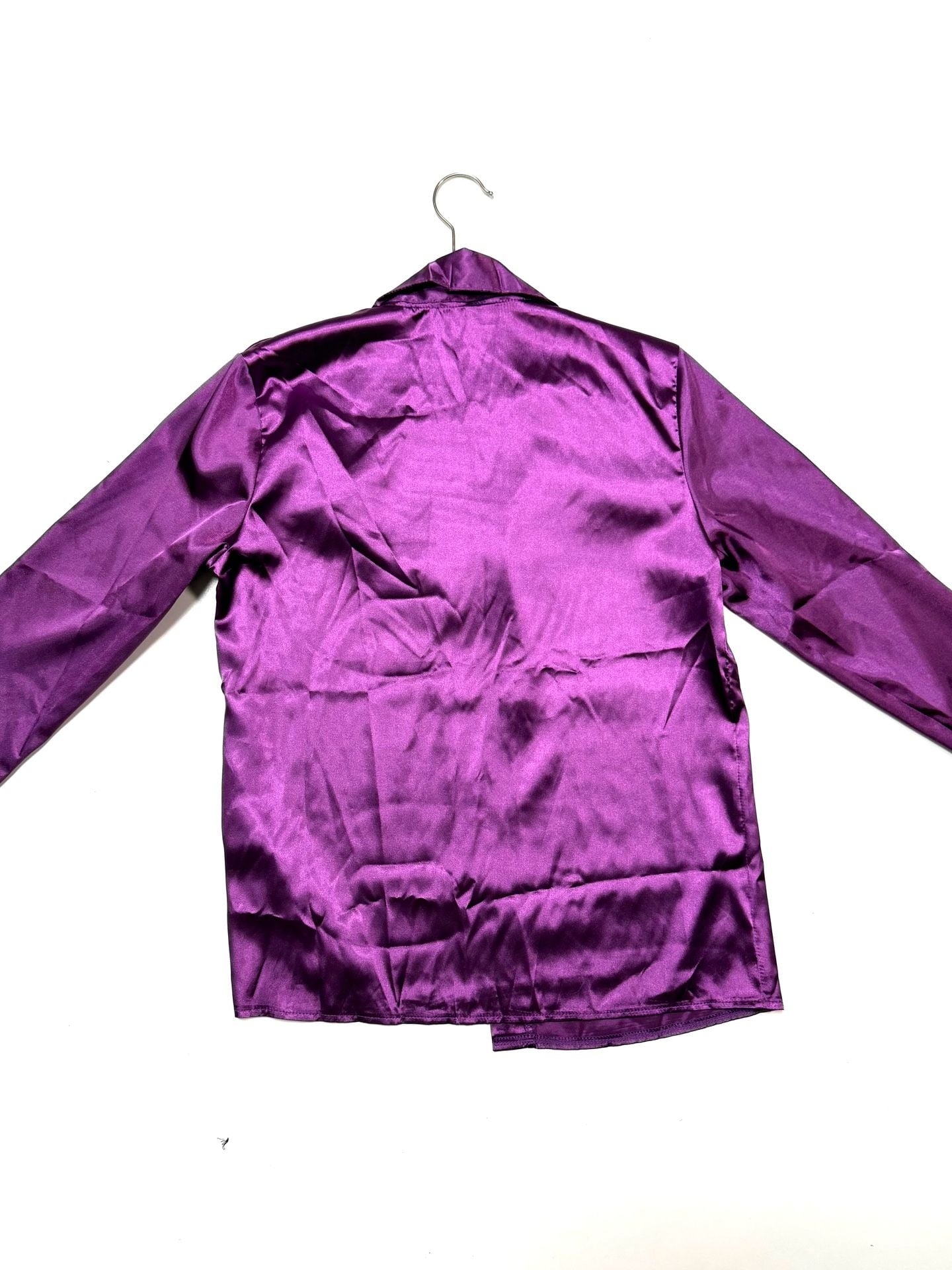 Womens Satin Shirt Size S Whimsigoth Witchy Y2K Indie Vanguard Disco Retro Eveningwear Purple Plum Silky Long Sleeve Button Up Fitted 95% Polyester Spandex Stretch Party Prom 8