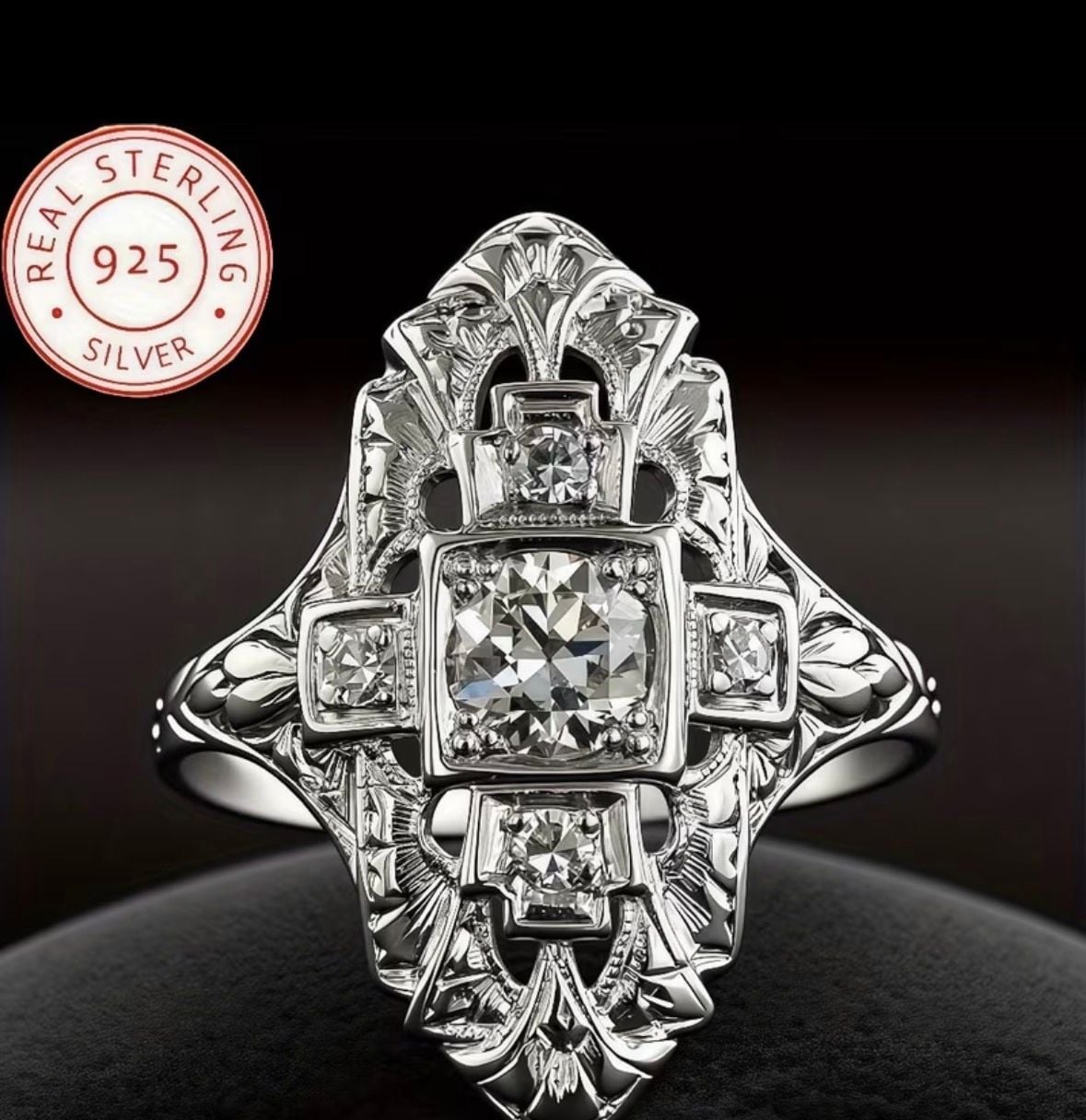 Vintage Single Cut Diamond Filigree Navette Ring in 925 Sterling Silver 6