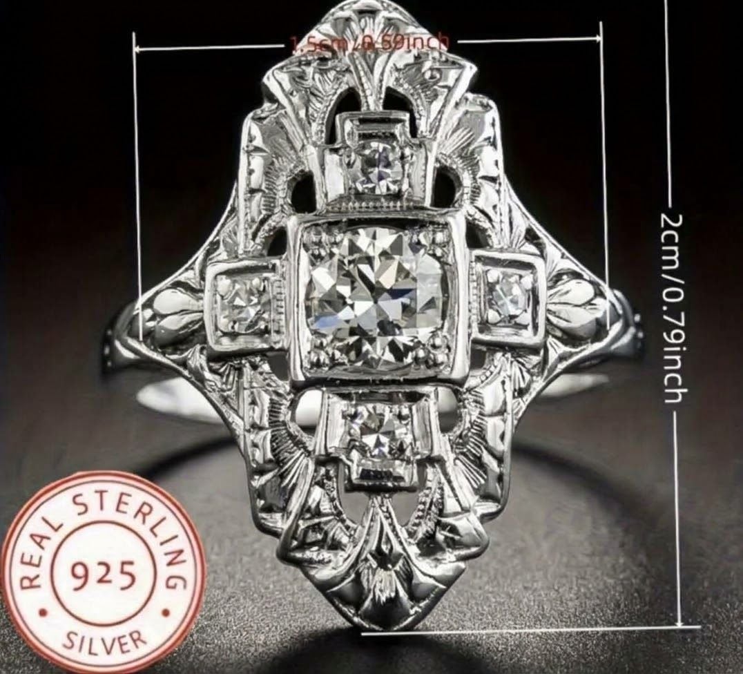 Vintage Single Cut Diamond Filigree Navette Ring in 925 Sterling Silver 7