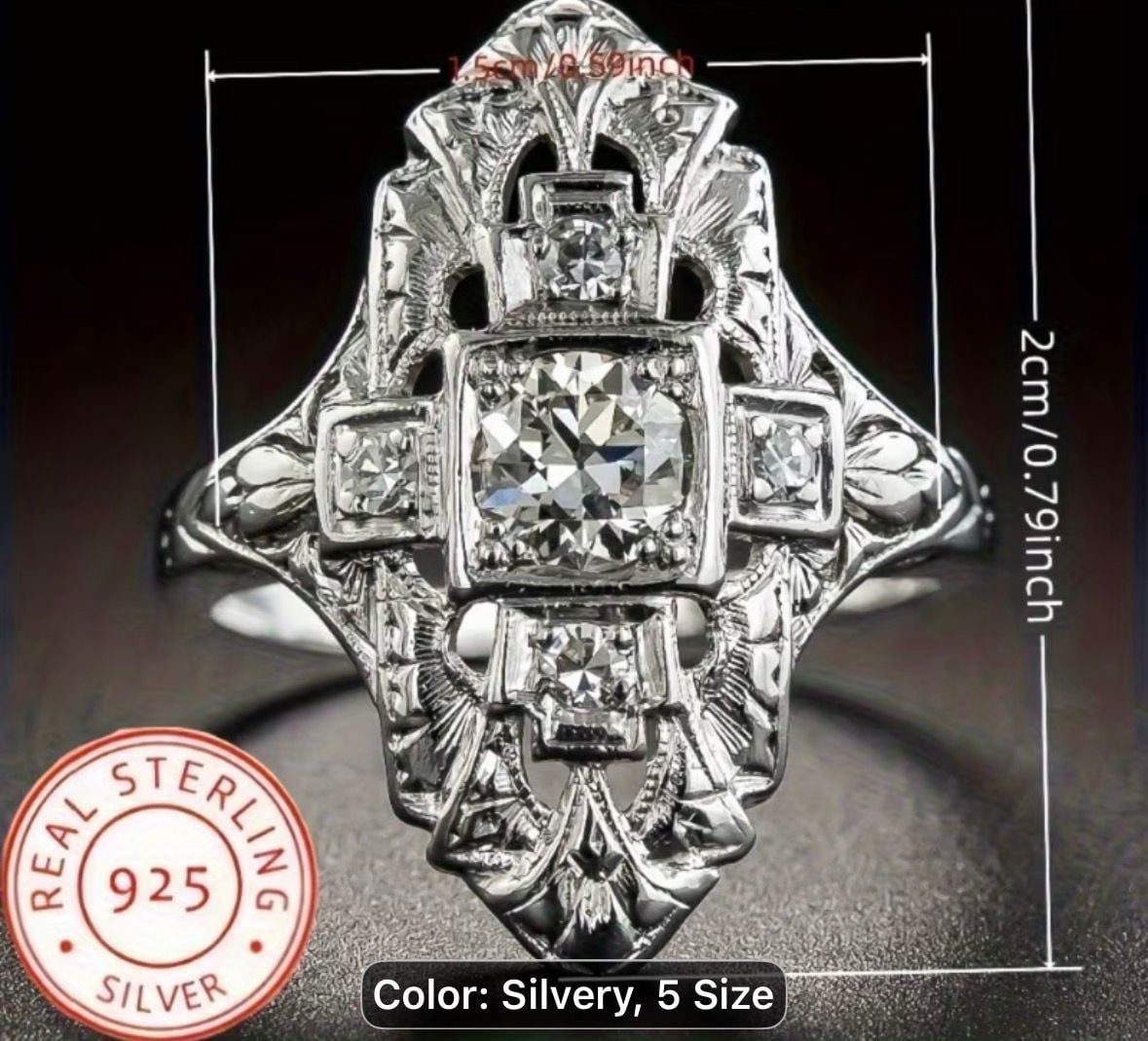 Vintage Single Cut Diamond Filigree Navette Ring in 925 Sterling Silver 9
