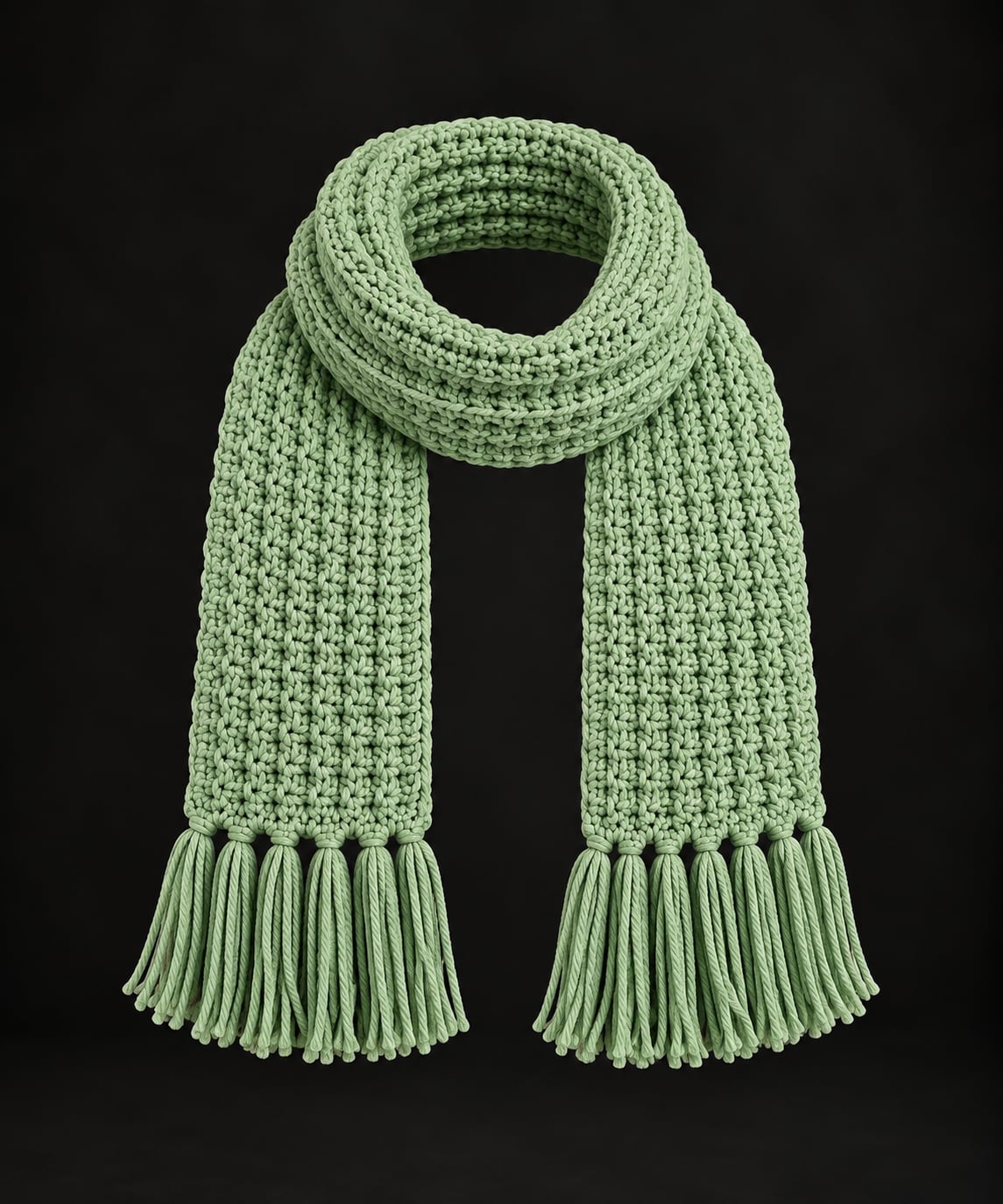 Handmade Crochet Sage Green Scarf with Fringe 1