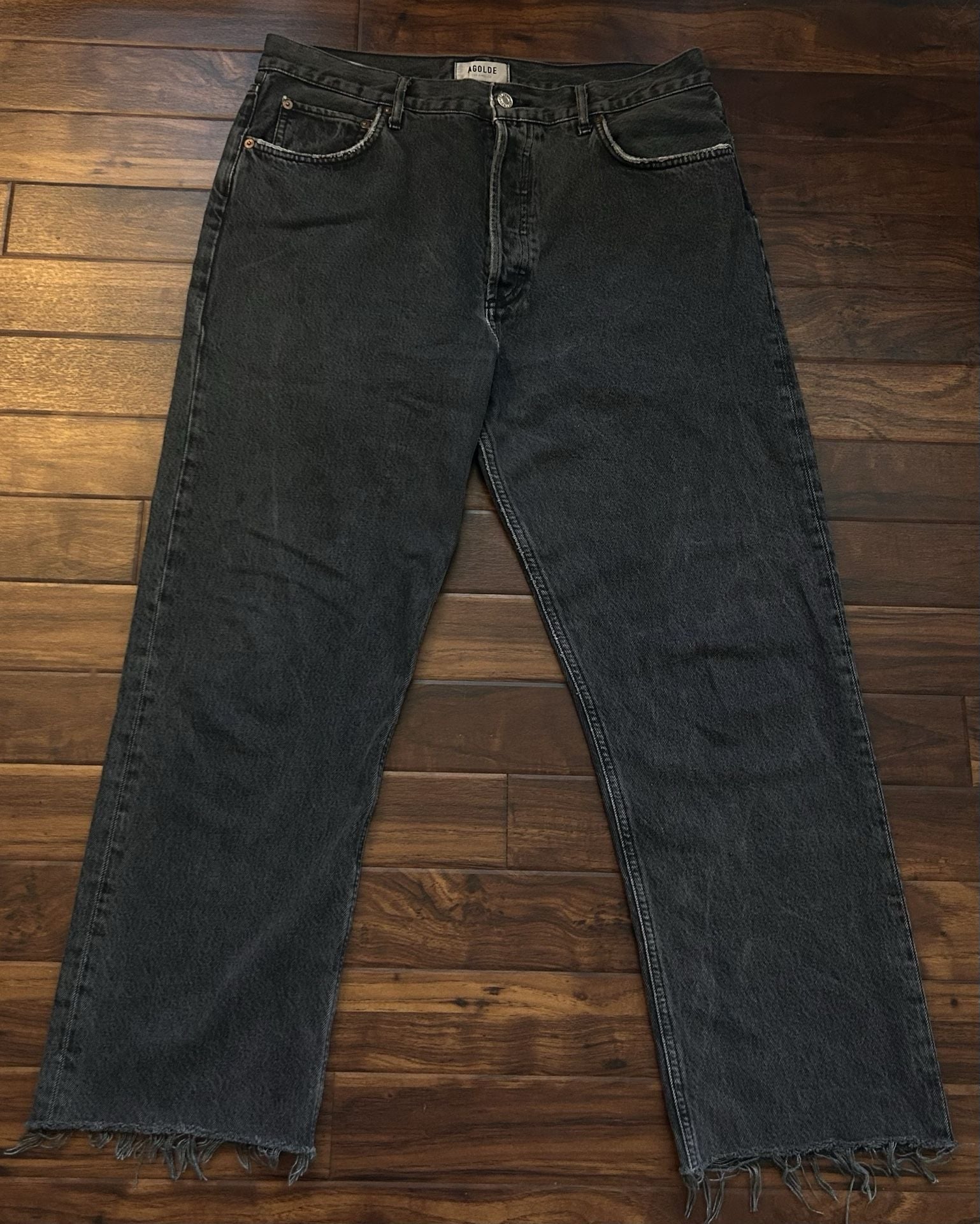 AGOLDE 90s Pinch Waist High Rise Straight Leg Jeans Charcoal Gray Frayed Hem EUC 2