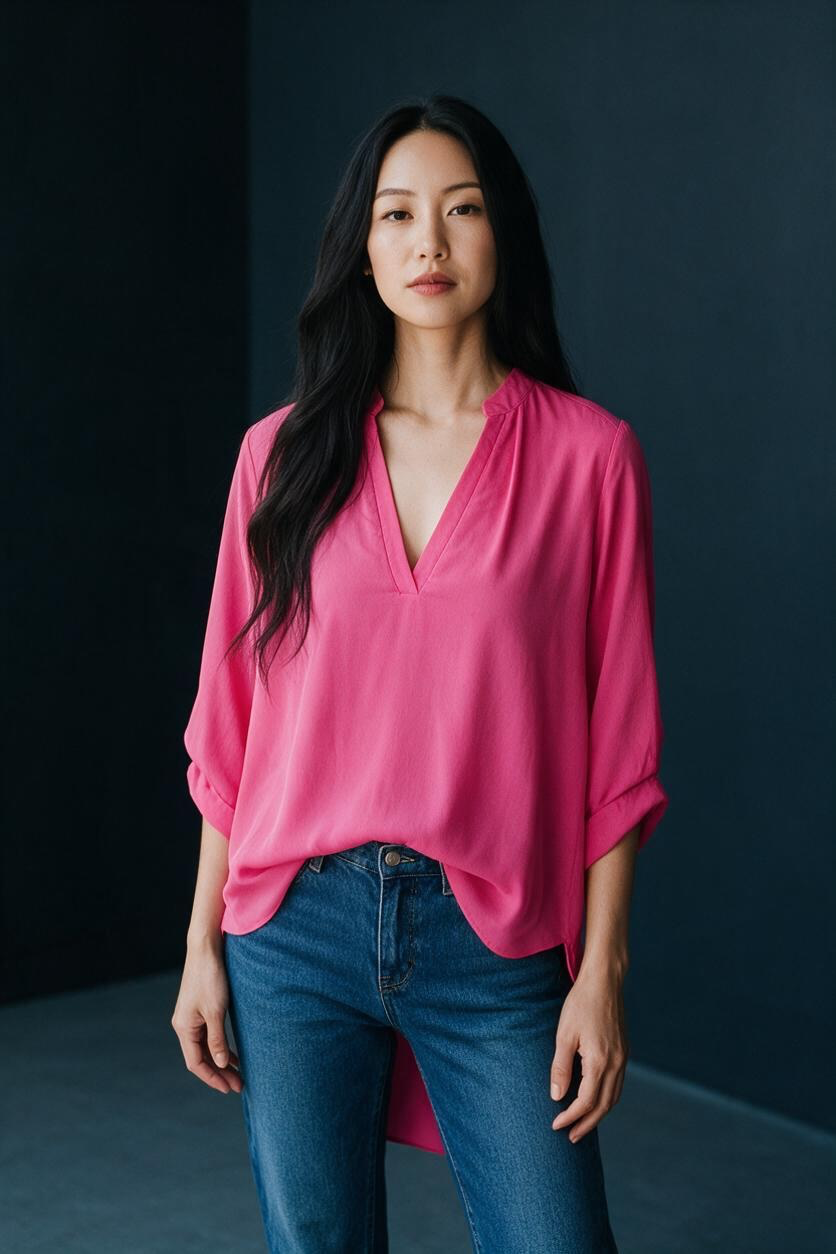 Everuel V-Neck Roll-Tab Sleeve Blouse Size M Hot Pink 2