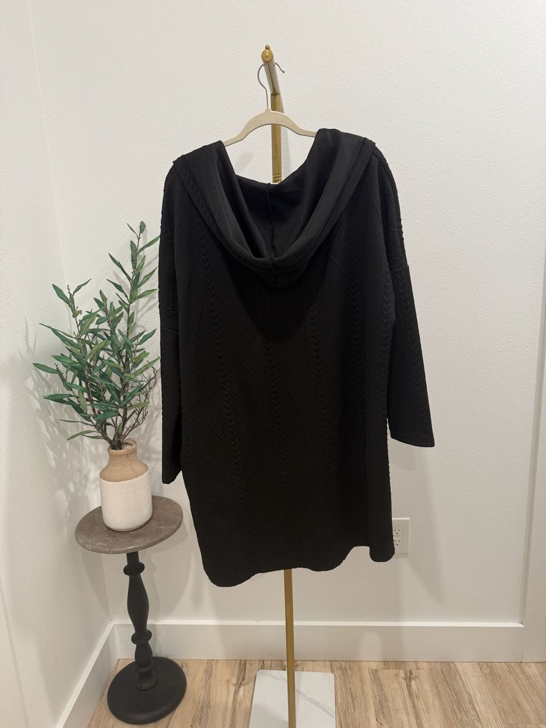 Cable Knit Pocket Hooded Long Cardigan Black 3