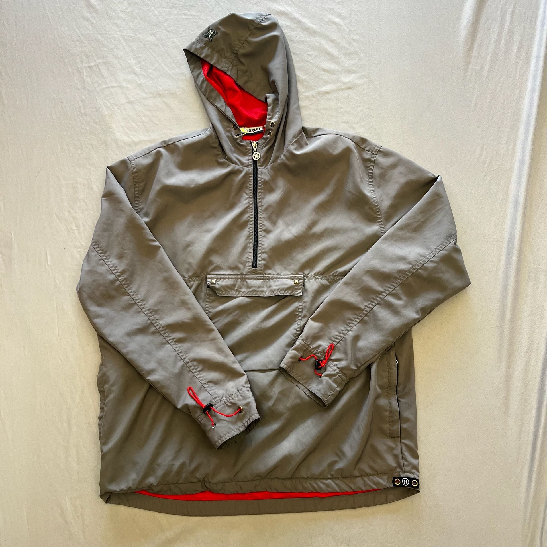 Hurley Anorak Jacket Size L Grey Red Pullover Hooded Wind Breaker Y2K Surfcore 12