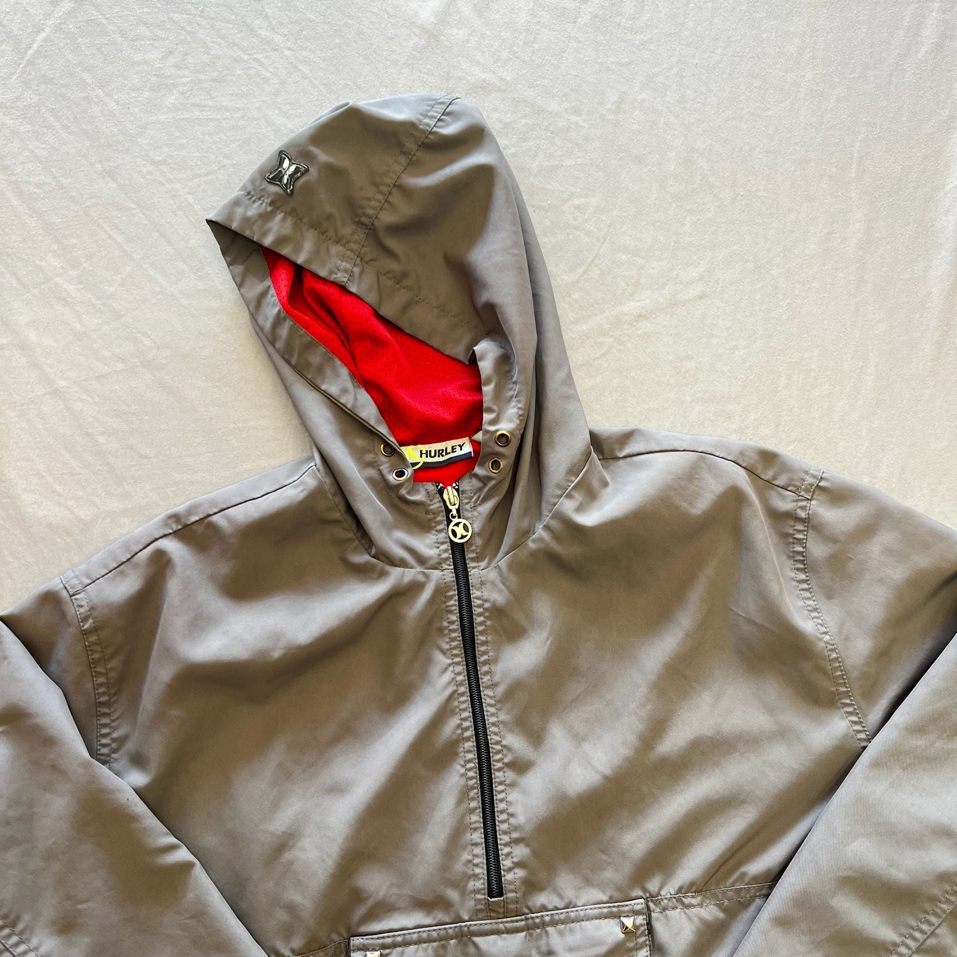 Hurley Anorak Jacket Size L Grey Red Pullover Hooded Wind Breaker Y2K Surfcore 14