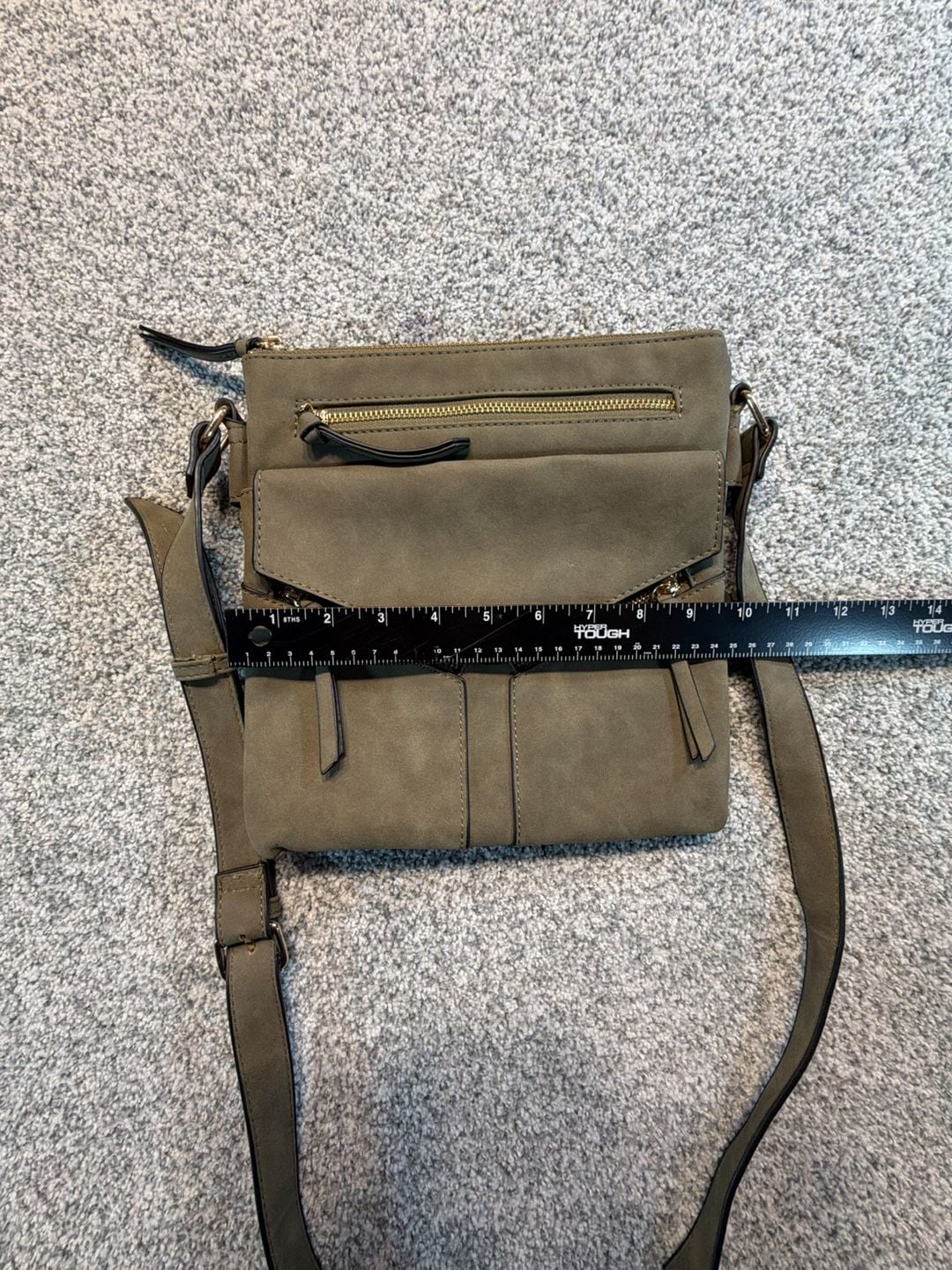 Crossbody Bag Olive Green Faux Suede Multi Pocket Adj. shoulder strap 9