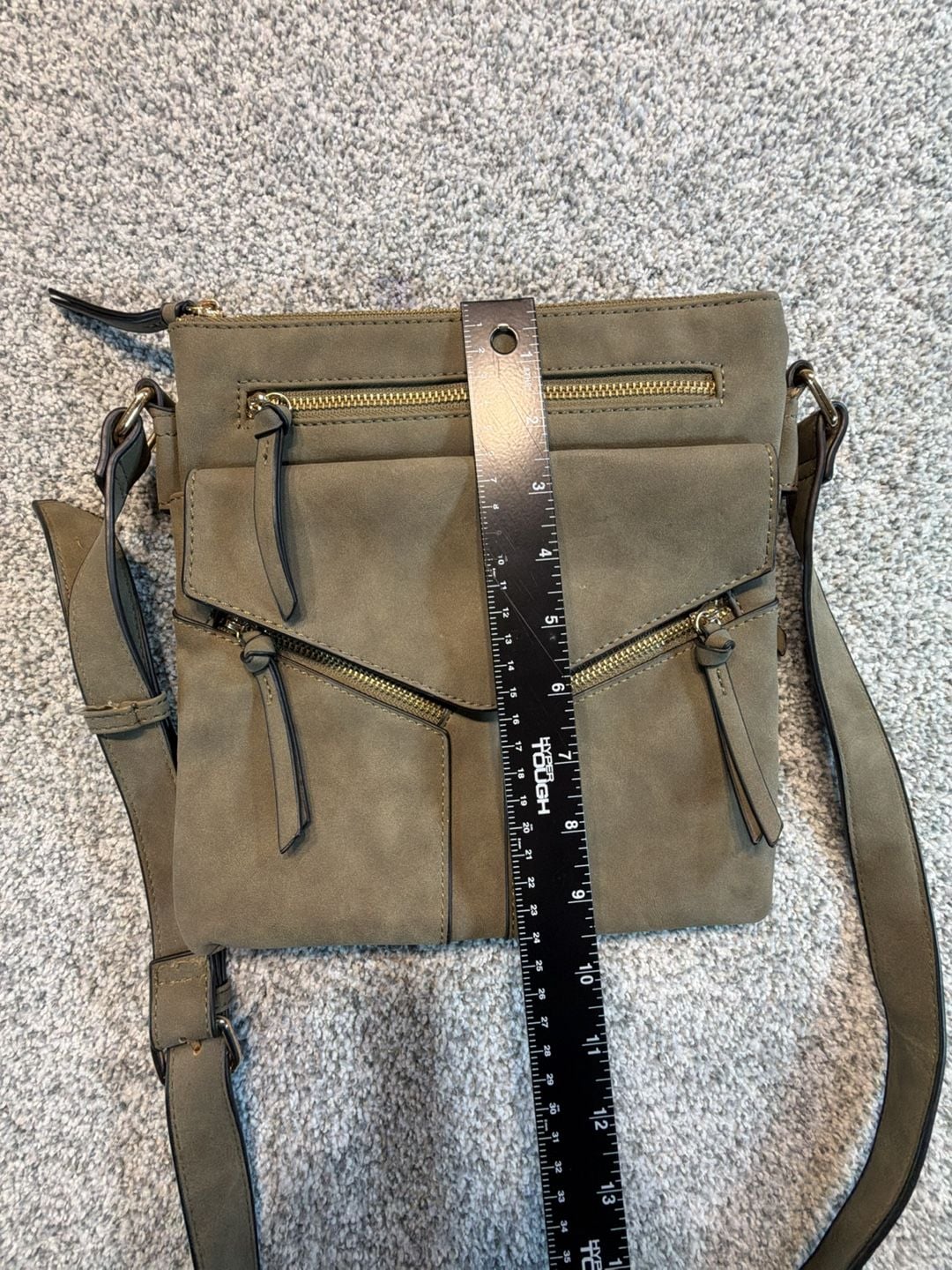 Crossbody Bag Olive Green Faux Suede Multi Pocket Adj. shoulder strap 10