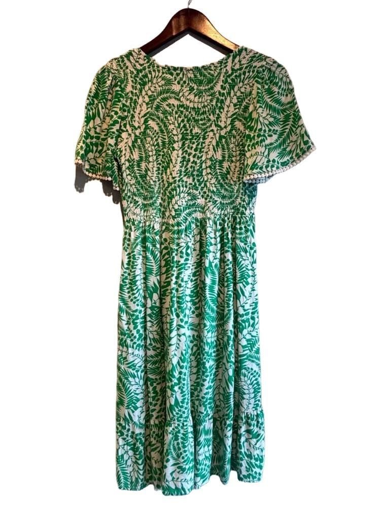 Luxology Green White Leaf Print Smocked Midi Dress 5