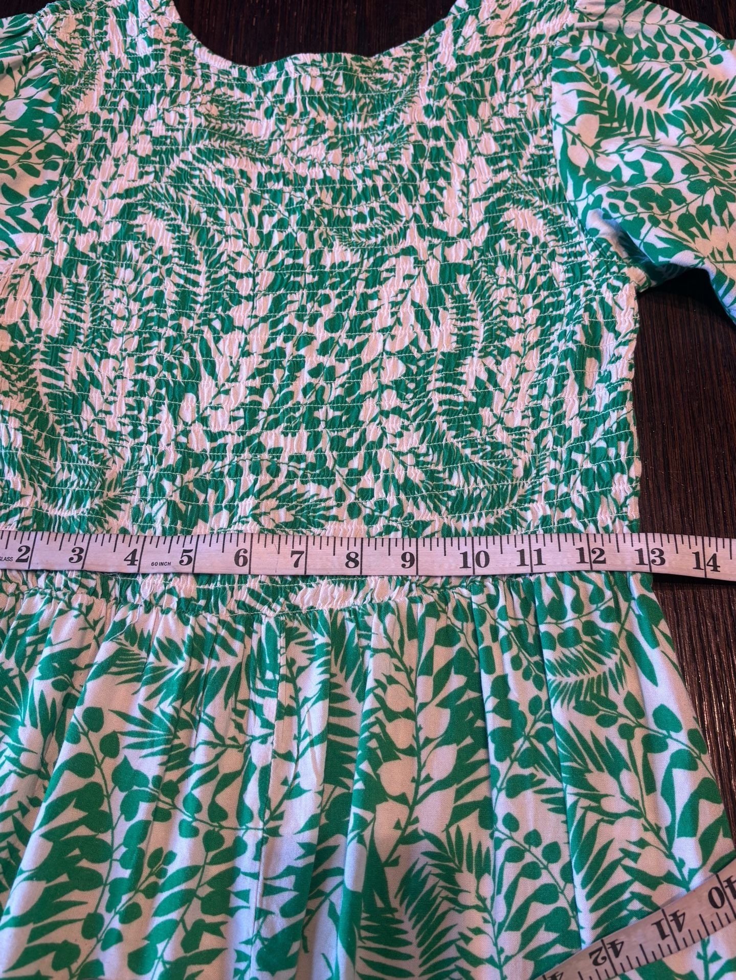 Luxology Green White Leaf Print Smocked Midi Dress 9