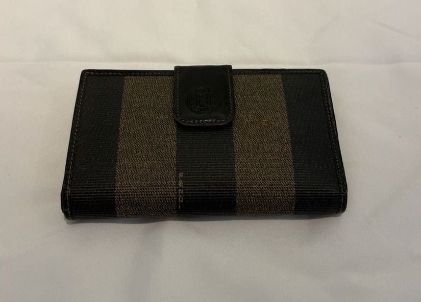Fendi Pequin Stripe Kiss Lock Wallet Brown Black Canvas Leather with COA 2