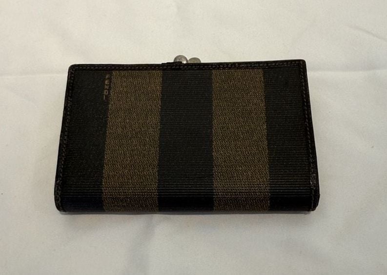 Fendi Pequin Stripe Kiss Lock Wallet Brown Black Canvas Leather with COA 3