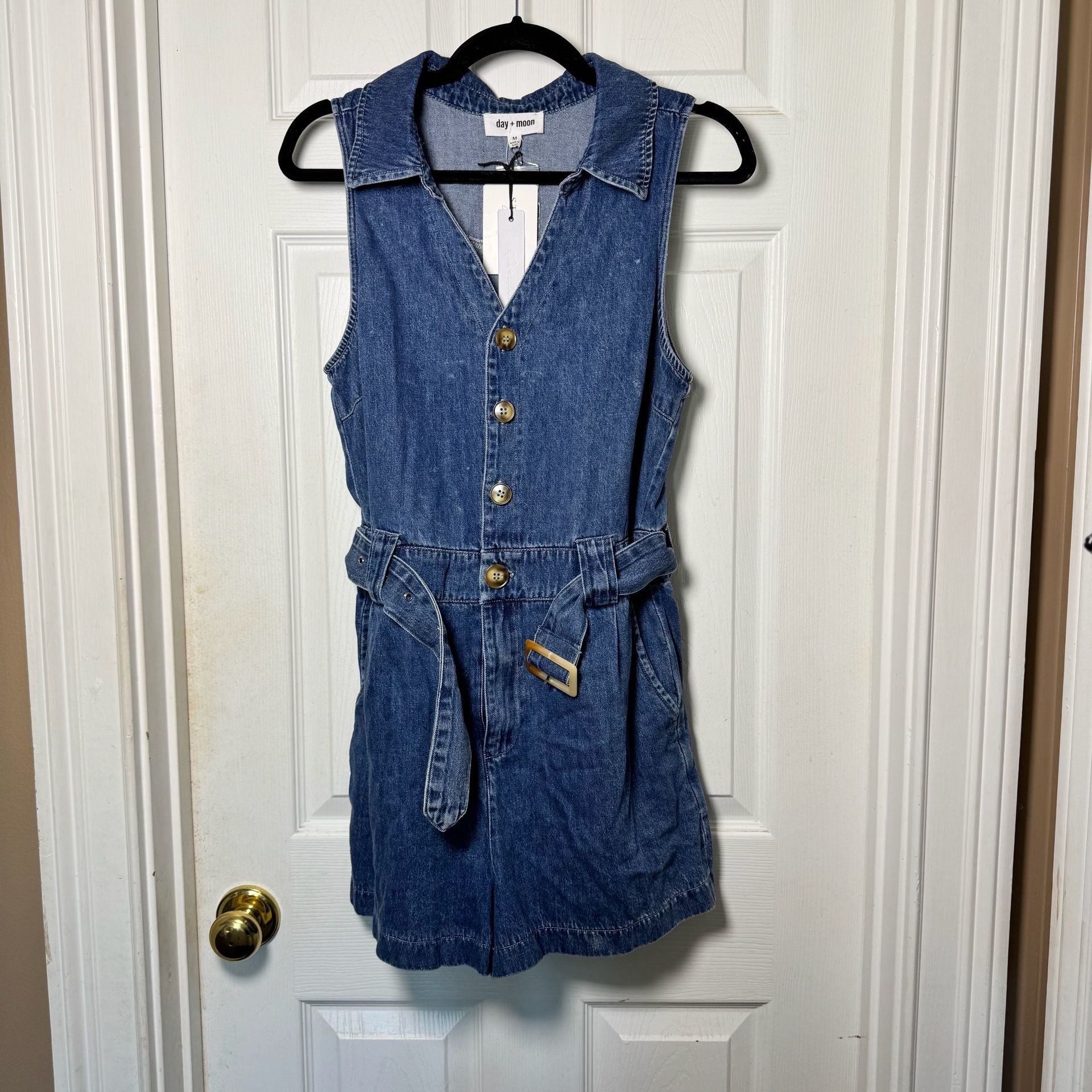 day + moon Denim Romper Size M Blue Belted Sleeveless 2