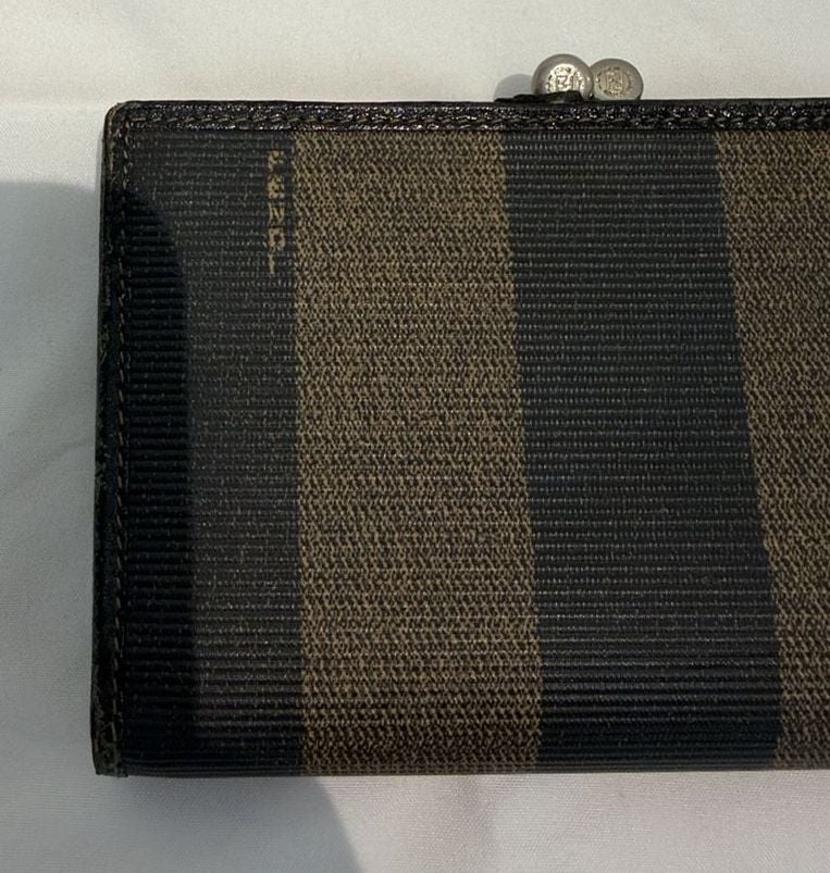 Fendi Pequin Stripe Kiss Lock Wallet Brown Black Canvas Leather with COA 4