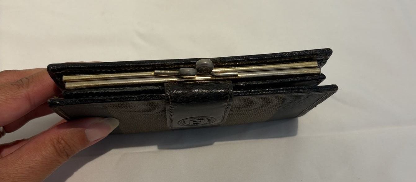 Fendi Pequin Stripe Kiss Lock Wallet Brown Black Canvas Leather with COA 7