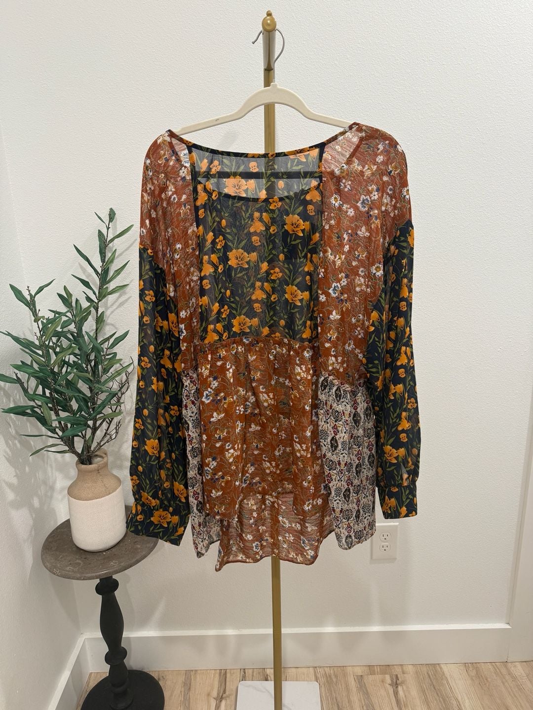 ODDI Floral Patchwork Tunic Top Size 3XL Orange Black Long Sleeve Blouse 2