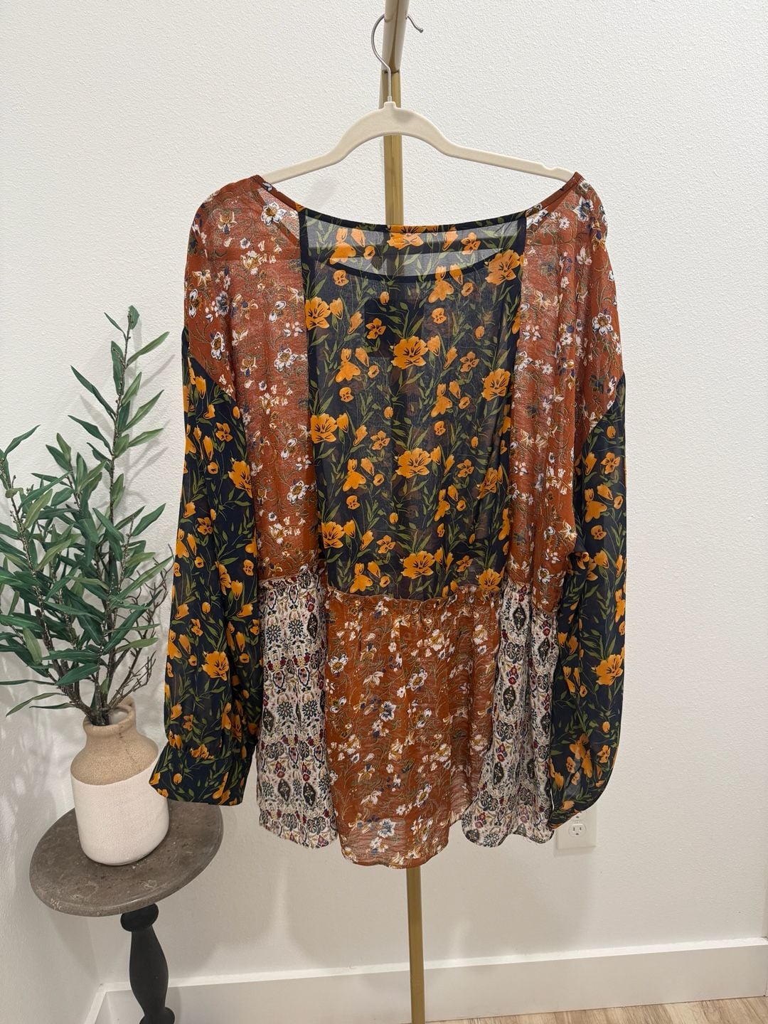 ODDI Floral Patchwork Tunic Top Size 3XL Orange Black Long Sleeve Blouse 5
