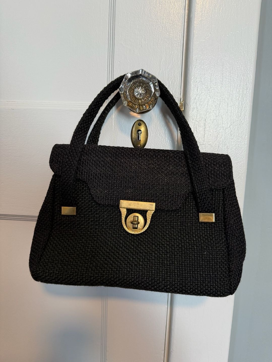 Vintage 1960s Black Woven Cord Gold Latch Handbag 2