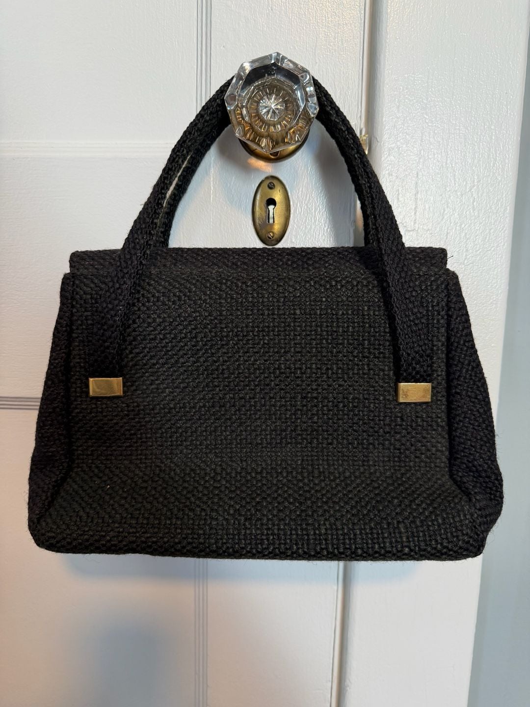 Vintage 1960s Black Woven Cord Gold Latch Handbag 3