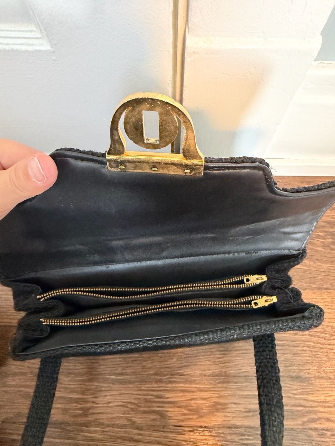 Vintage 1960s Black Woven Cord Gold Latch Handbag 6