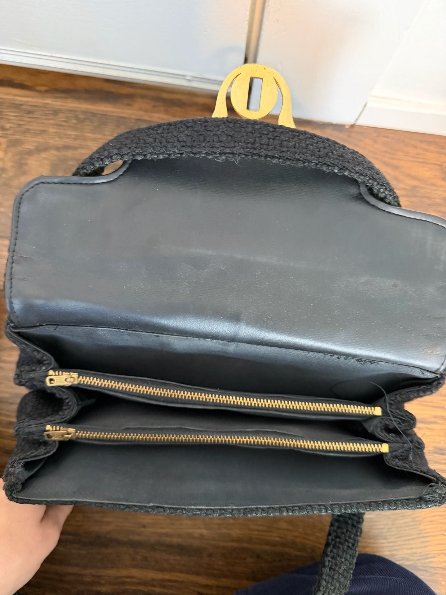 Vintage 1960s Black Woven Cord Gold Latch Handbag 7