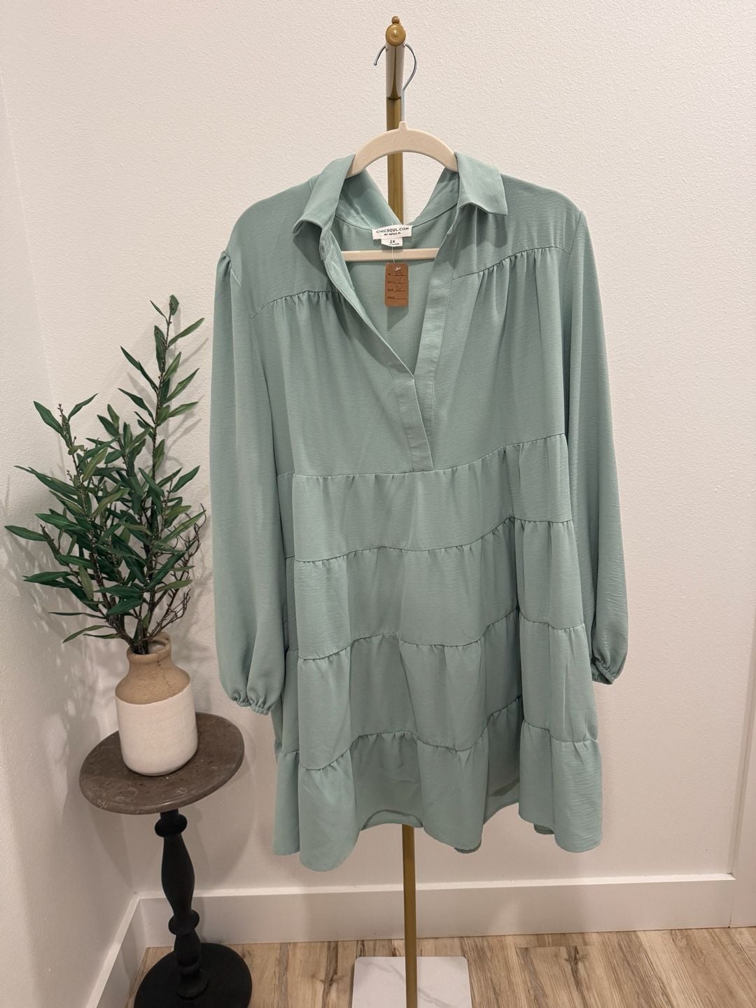ChicSoul Tiered Mini Dress Size 2X Sage Green V-Neck Long Sleeve 2