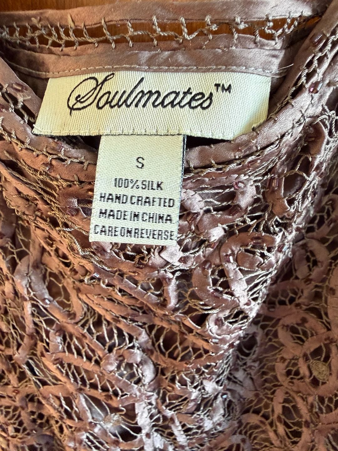 Soulmates Silk Beaded Tank Top Size S brown Handcrafted 2