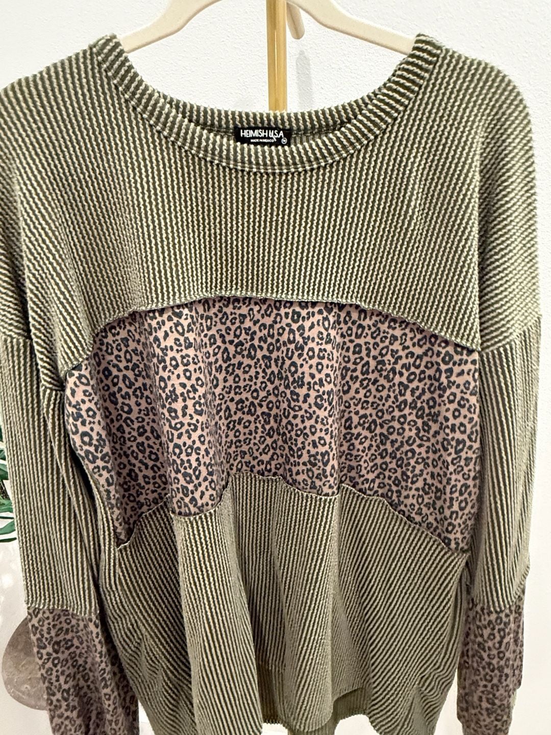 Heimish USA Waffle Knit Top Size 1X Olive Green Leopard Block Long Sleeve 3