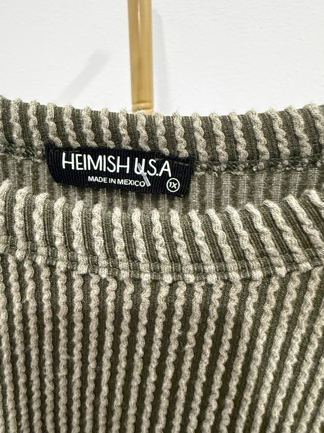 Heimish USA Waffle Knit Top Size 1X Olive Green Leopard Block Long Sleeve 4