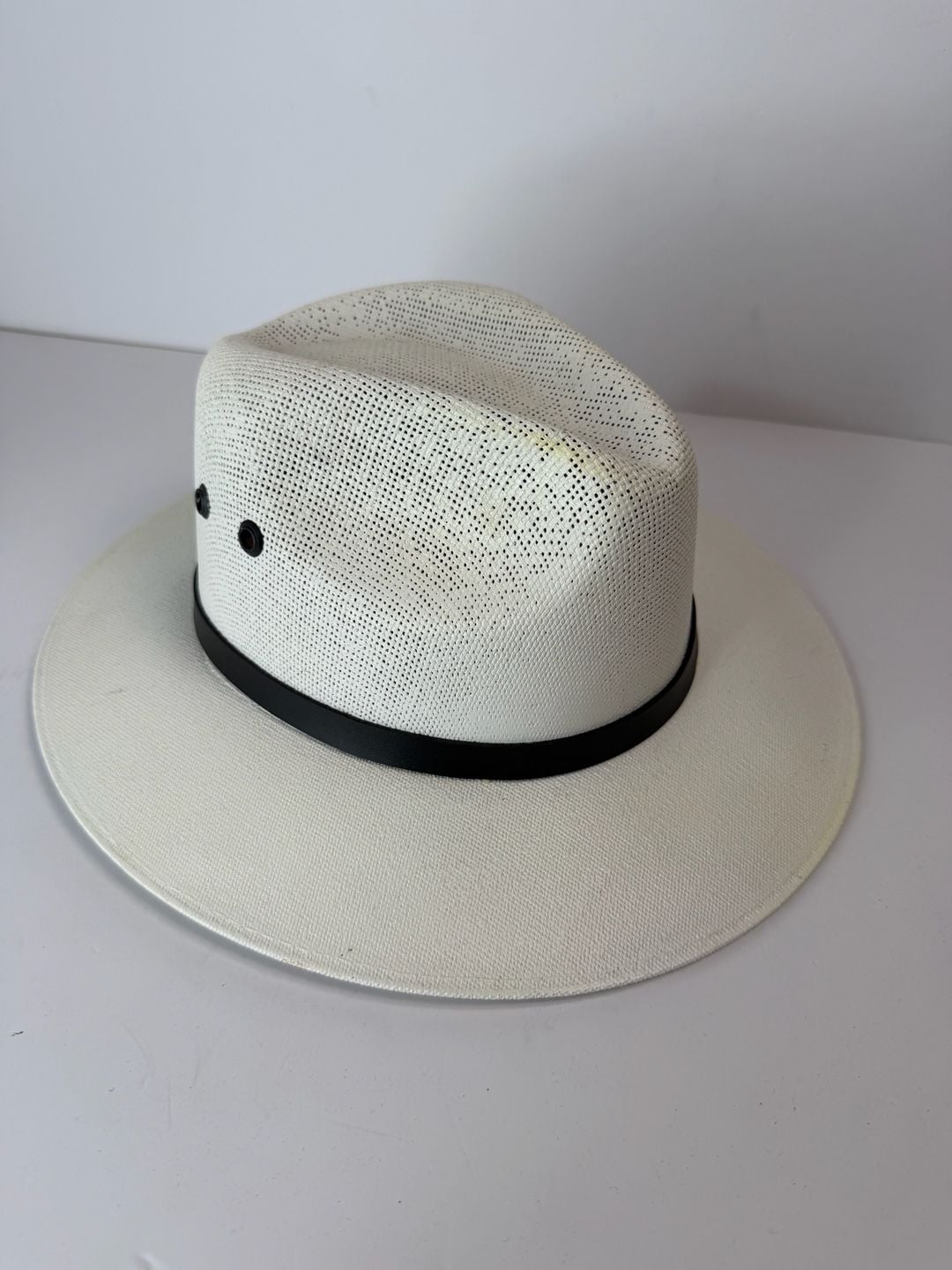 Vintage Tomson White Straw Fedora Sun Hat Black Band Size Large 3
