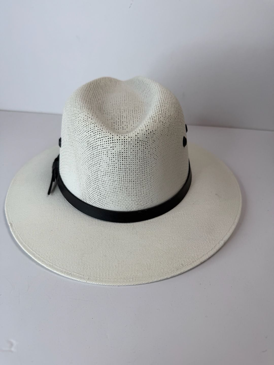 Vintage Tomson White Straw Fedora Sun Hat Black Band Size Large 4