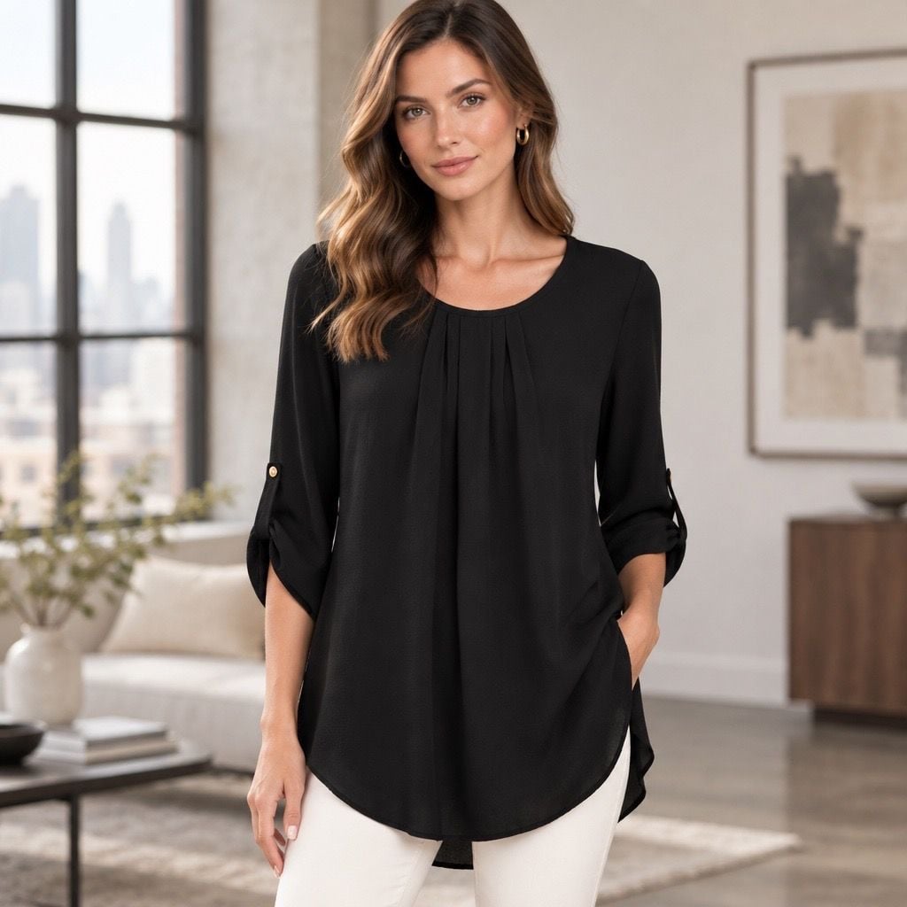 Coco & Main Blouse Size XL Black Pleated 3/4 Roll Tab Sleeve Tunic 2