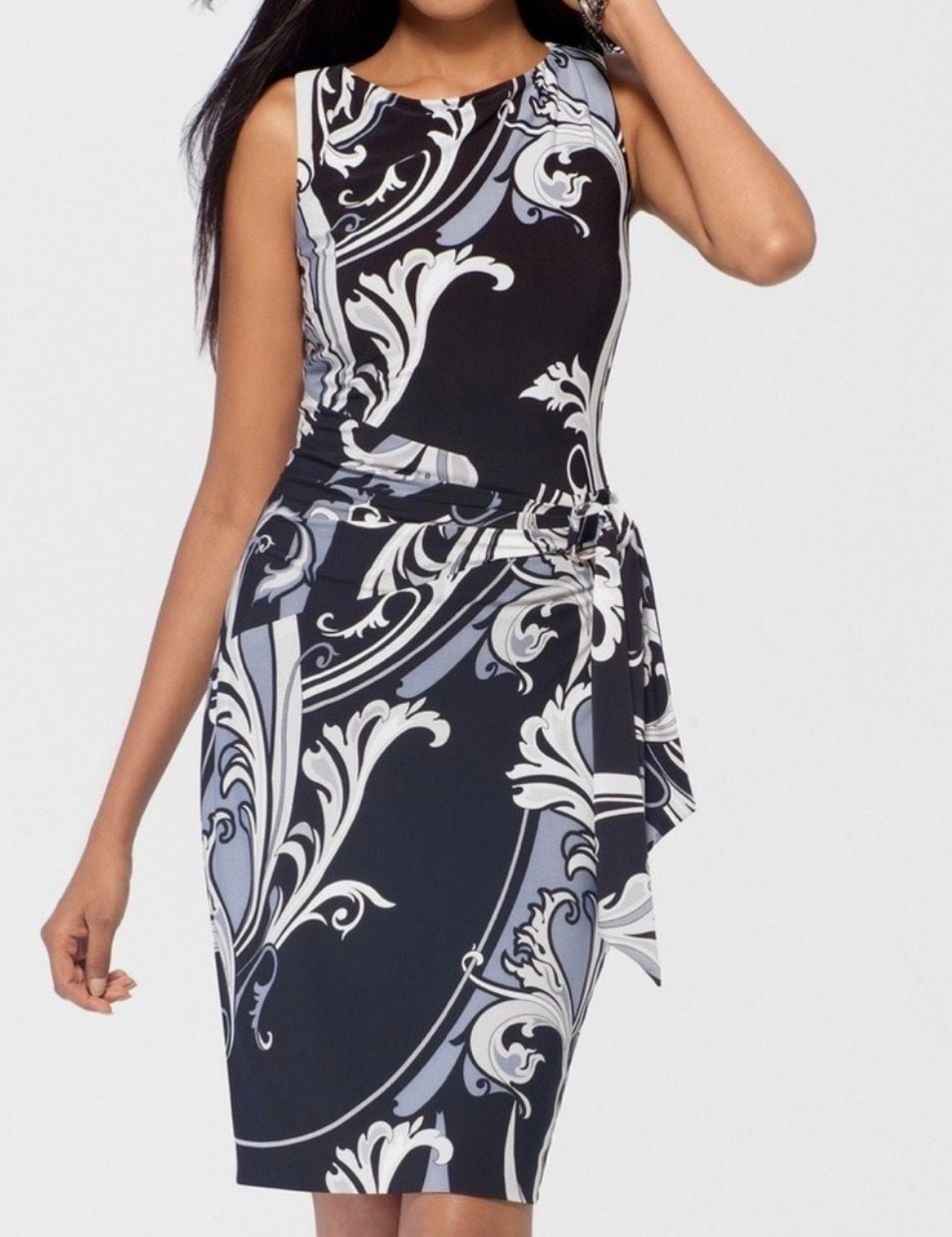 Cache Scroll Print Sheath Dress Size XS Black Blue Silver Side Tie Sleeveless 2