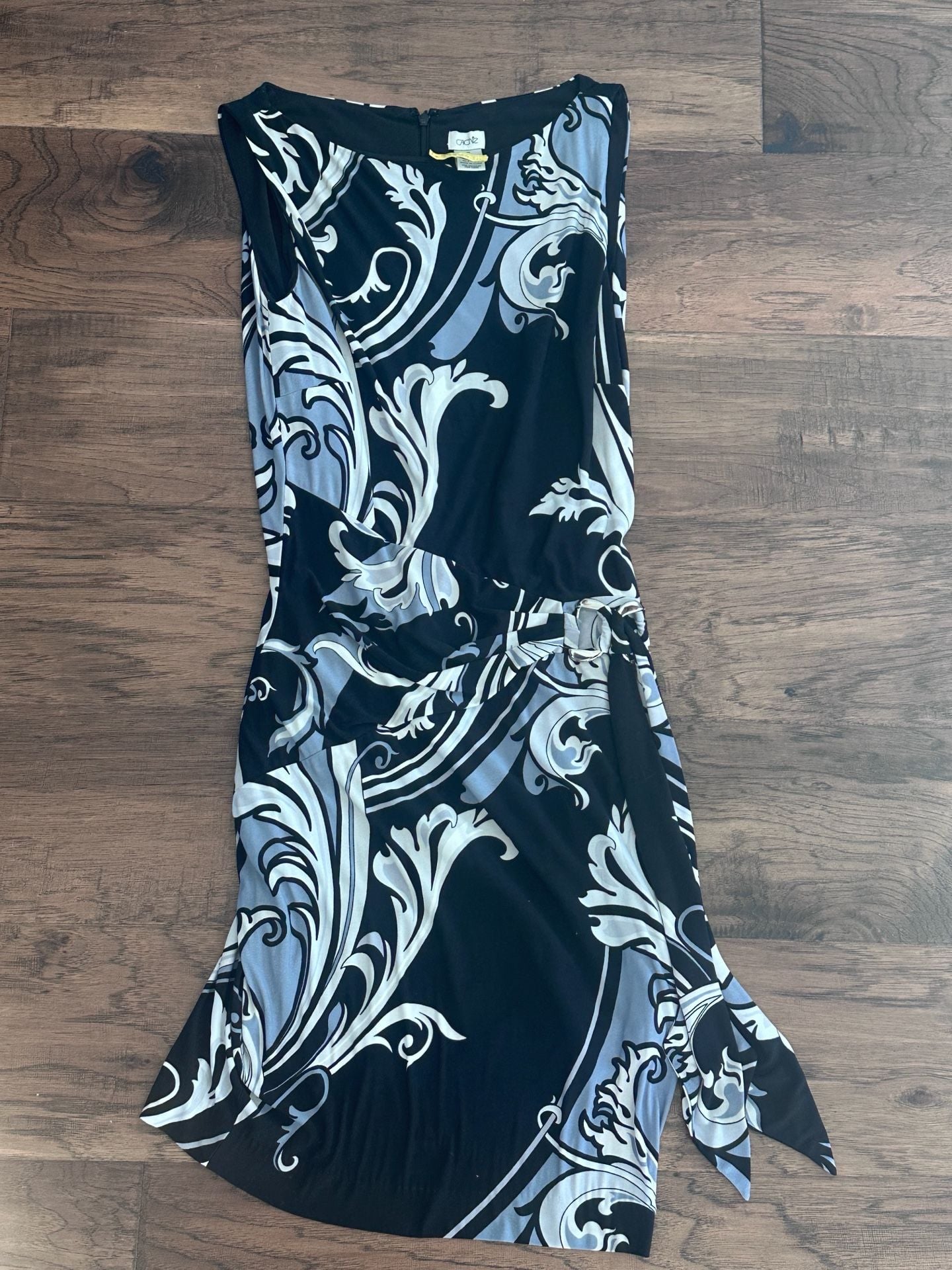 Cache Scroll Print Sheath Dress Size XS Black Blue Silver Side Tie Sleeveless 3