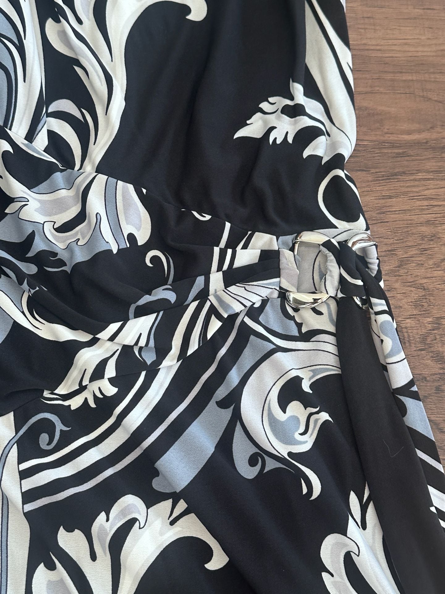 Cache Scroll Print Sheath Dress Size XS Black Blue Silver Side Tie Sleeveless 4