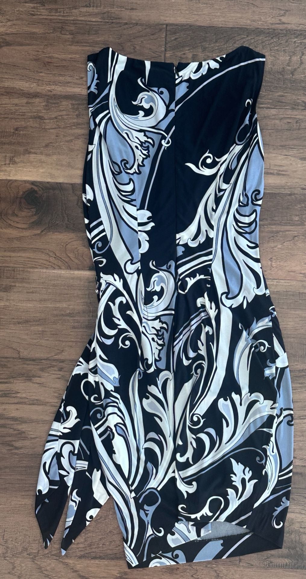 Cache Scroll Print Sheath Dress Size XS Black Blue Silver Side Tie Sleeveless 6