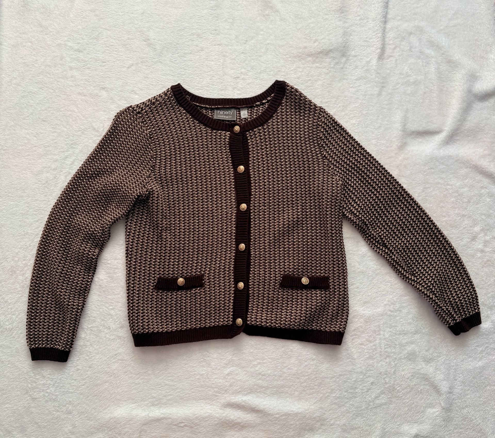 Ninety Clothing Co. Cardigan Size M Brown Knit Gold Buttons 2