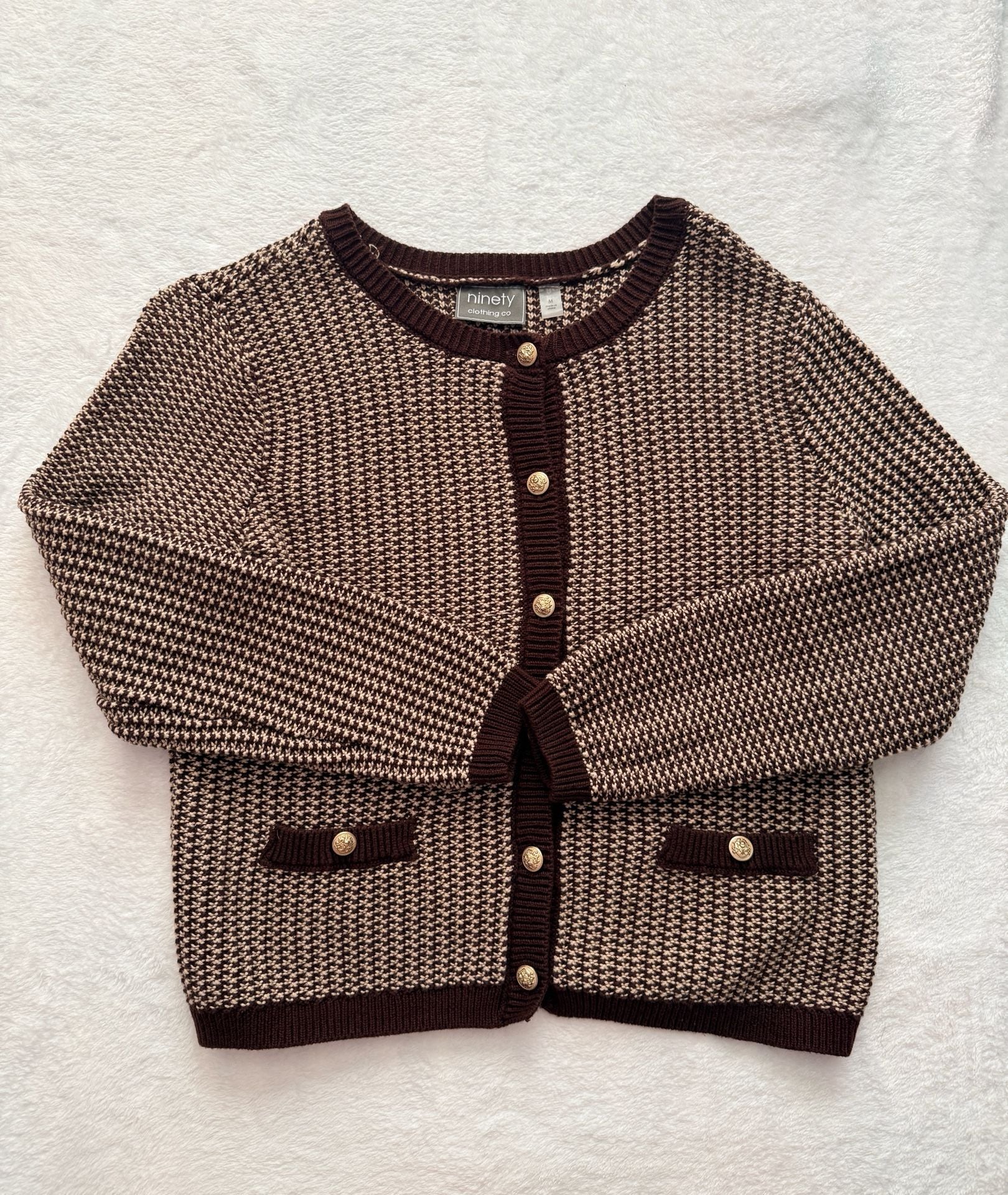 Ninety Clothing Co. Cardigan Size M Brown Knit Gold Buttons 3