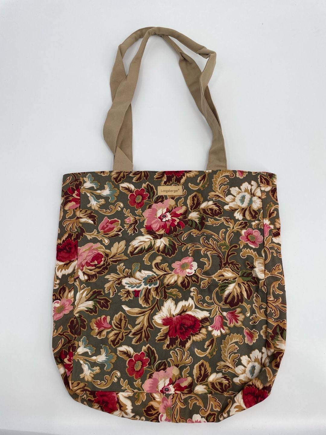 Longaberger Floral Canvas Tote Bag Green Pink Shabby Chic 2