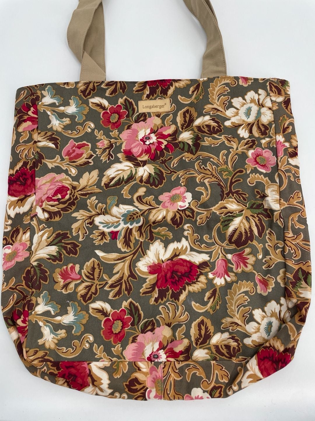 Longaberger Floral Canvas Tote Bag Green Pink Shabby Chic 4