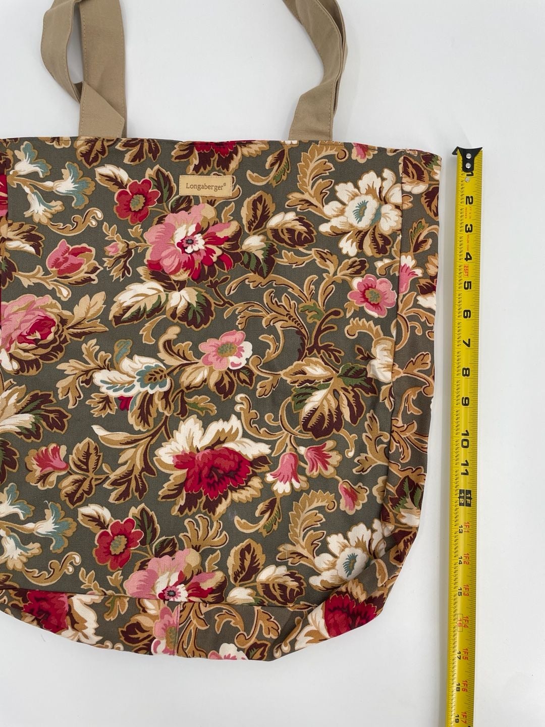 Longaberger Floral Canvas Tote Bag Green Pink Shabby Chic 5